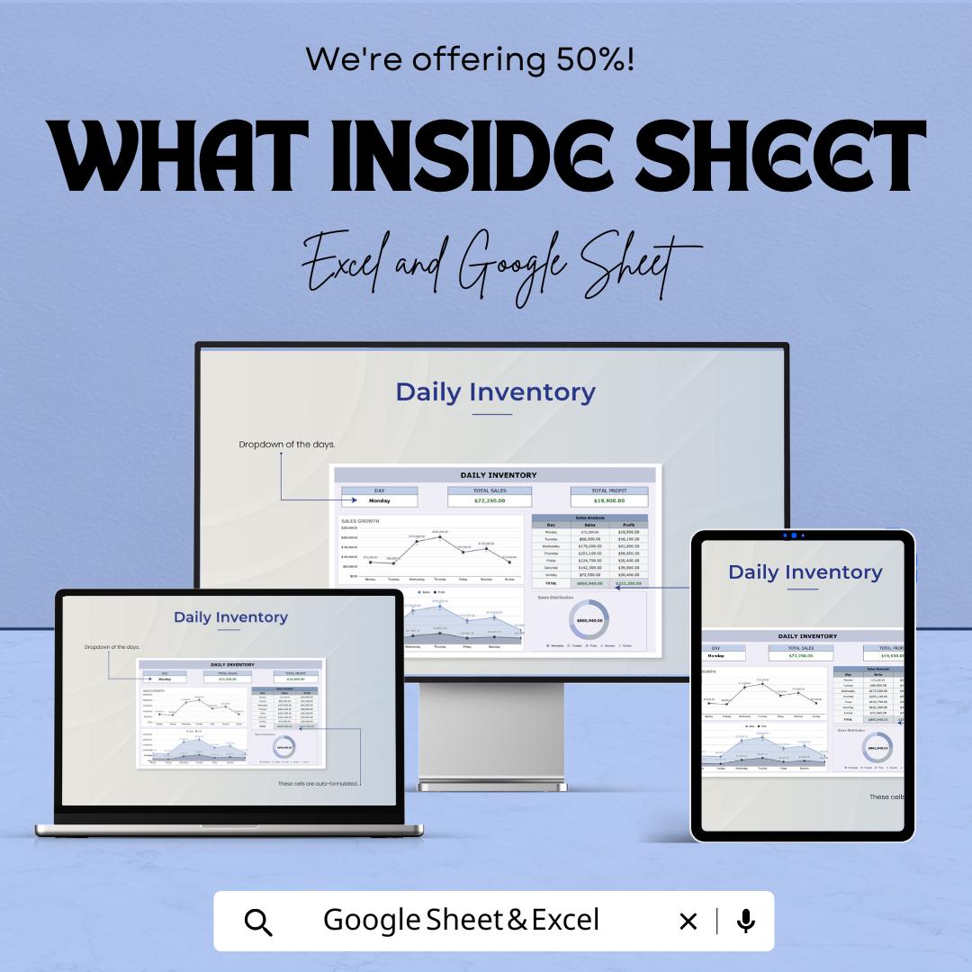 Daily Inventory Sheet Template for Excel and Google Sheets | Track Sales & Profit with Ease | Customizable Daily Sales Tracker