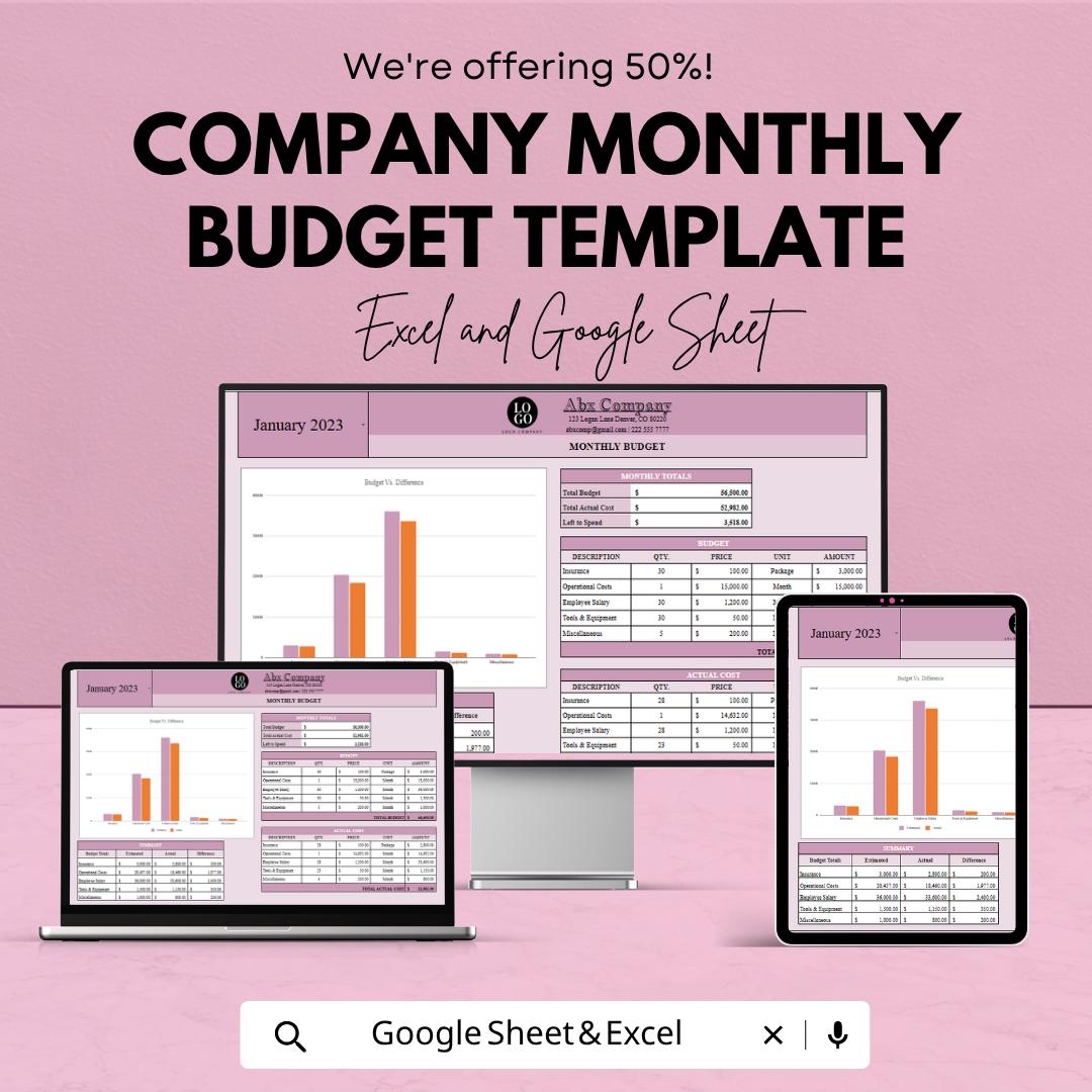 Company Monthly Budget Template | Business Budget Spreadsheet | Financial Tracker Template | Small Business Finance Planner