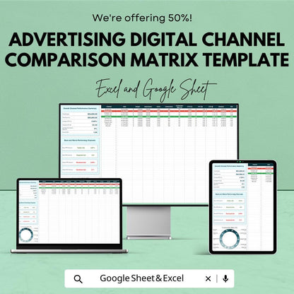 Advertising Digital Channel Comparison Matrix Template, Marketing Channel Comparison Tool, Digital Ads Performance Tracker