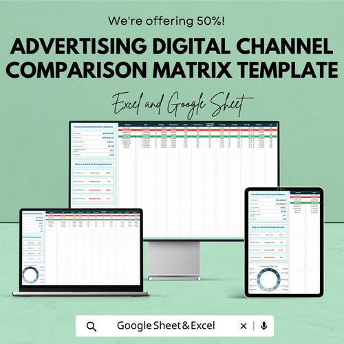 Advertising Digital Channel Comparison Matrix Template, Marketing Channel Comparison Tool, Digital Ads Performance Tracker