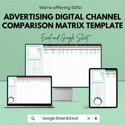 Advertising Digital Channel Comparison Matrix Template, Marketing Channel Comparison Tool, Digital Ads Performance Tracker