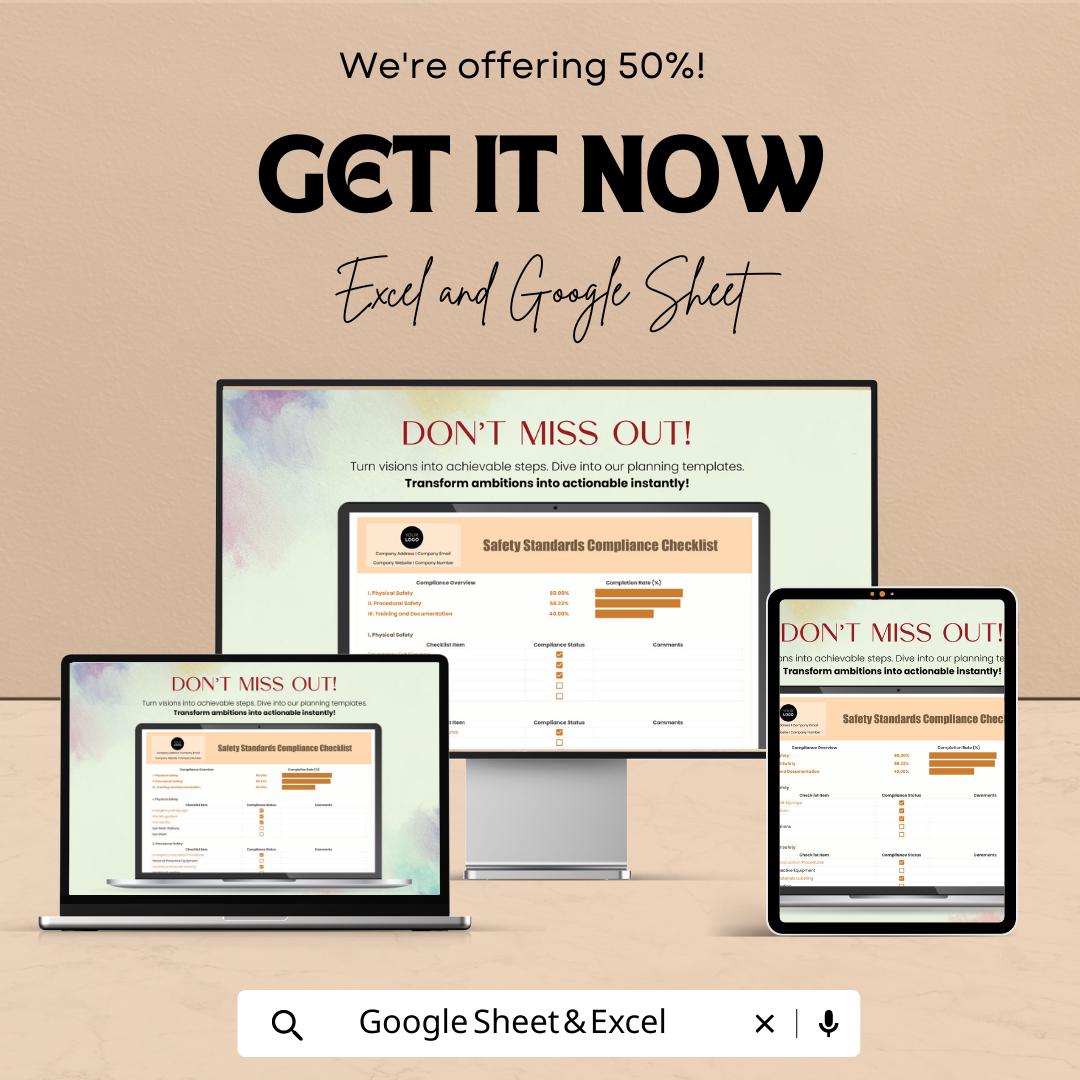 Safety Standards Compliance Checklist Template | OSHA Safety Audit Tracker | Excel & Google Sheets Editable | Workplace Inspection Log