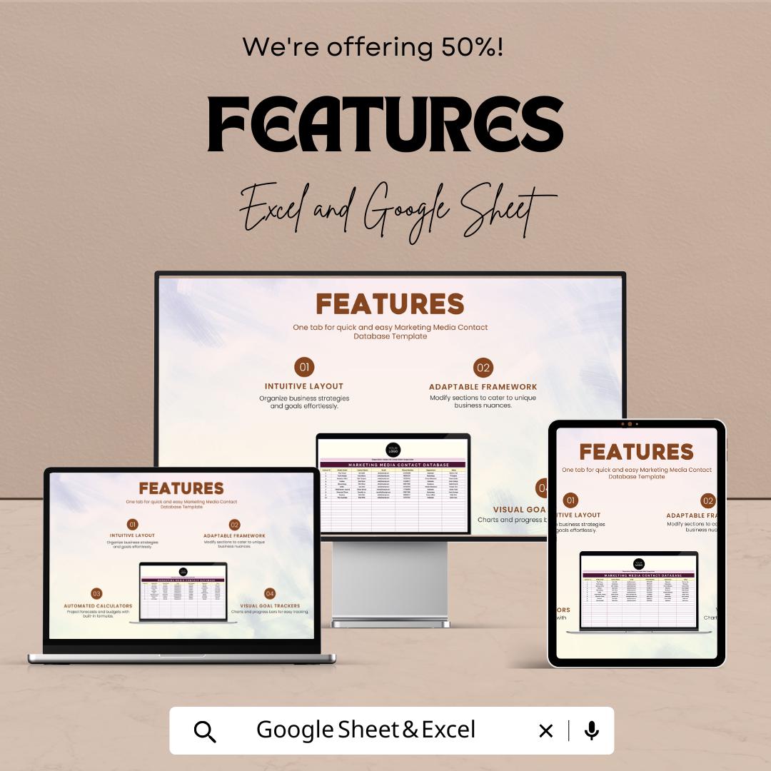 Marketing Media Contact Database Template | PR Contact List | Media Outreach Spreadsheet |  Marketing Communications Tool