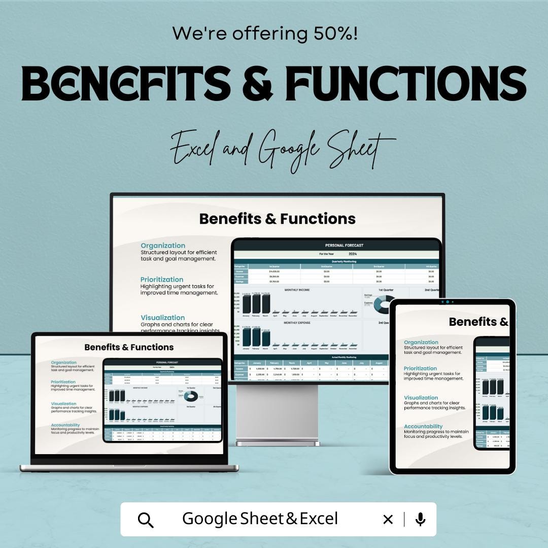 Personal Forecast Template | Personal Planning Spreadsheet | Goal and Expense Tracker | Excel & Google Sheets