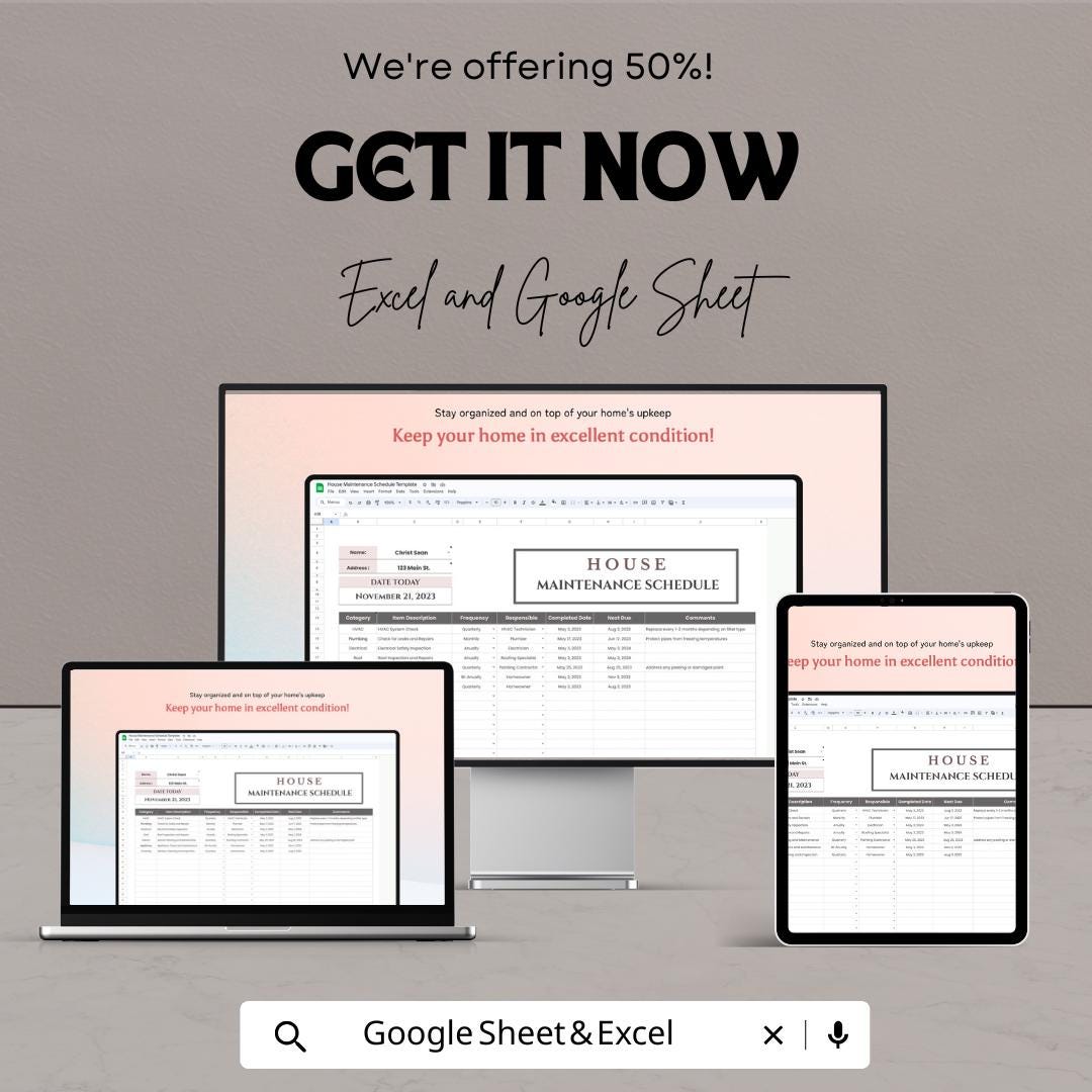 House Maintenance Schedule Sheet | Excel & Google Sheets | Home Upkeep, Task Organizer, Maintenance Planner