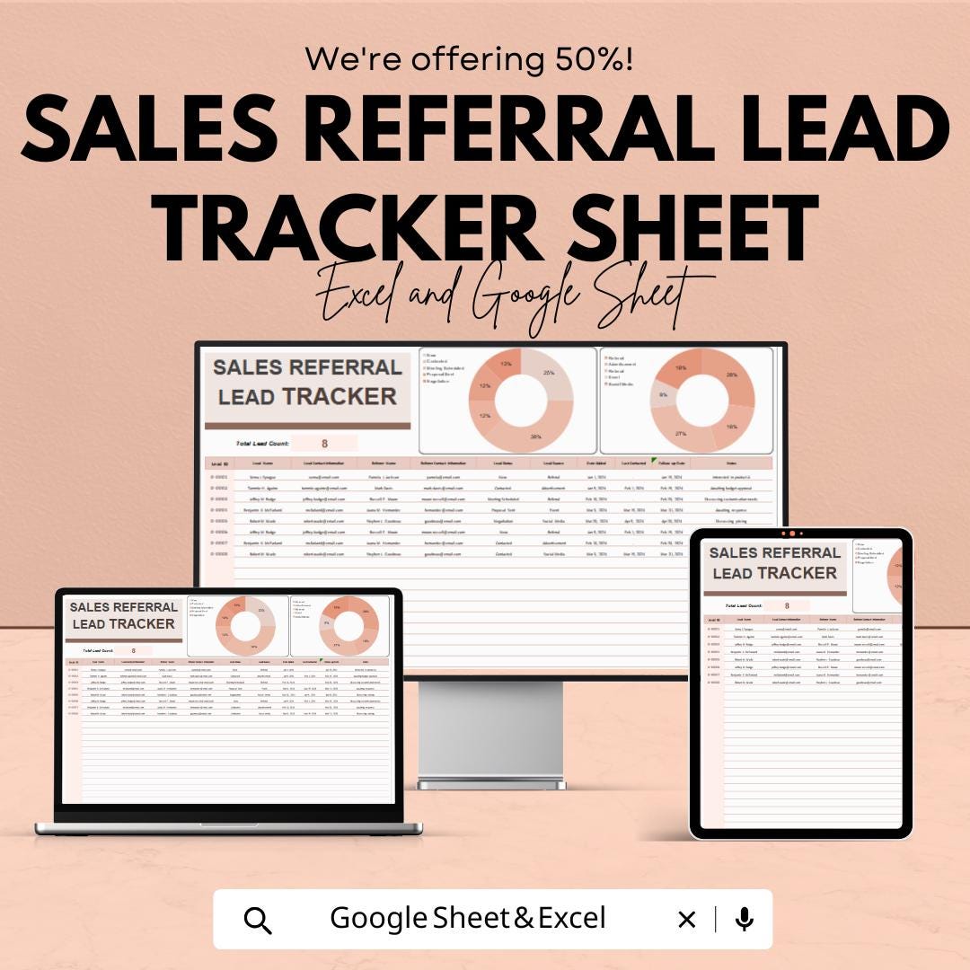 Sales Referral Lead Tracker Sheet - Excel and Google Sheets Template | 50% Off | Track, Convert & Nurture Leads