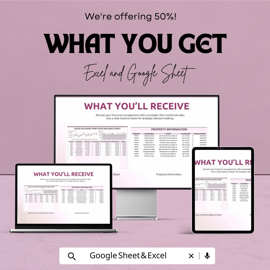 Sales Account Portfolio Balance Sheet | Excel & Google Sheet | Real Estate Sales Tracker | Property Equity Report | Editable Dashboard