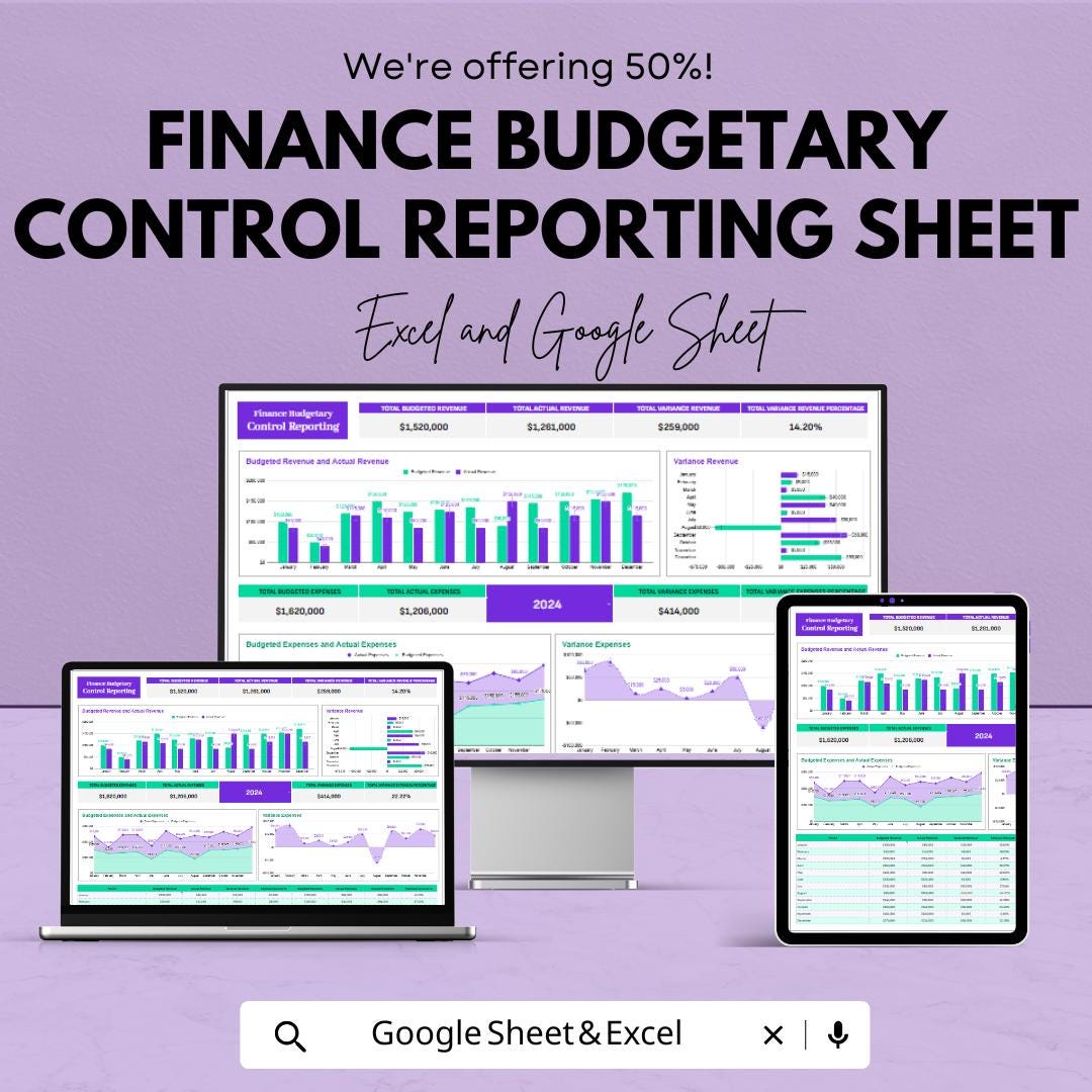 Finance Budgetary Control Reporting Sheet | Google Sheets and Excel Template | Budget Tracking & Financial Reporting