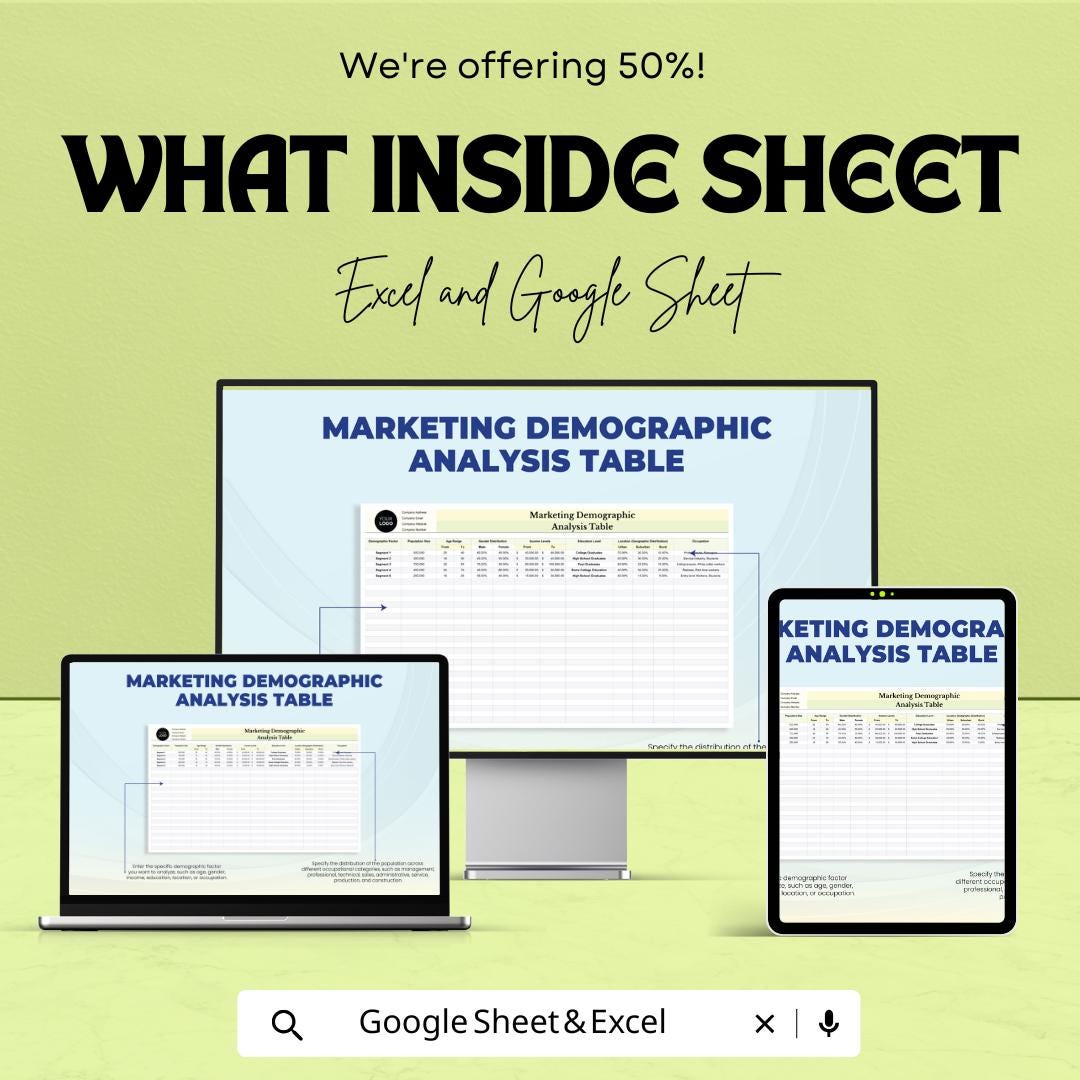 Marketing Demographic Analysis Table Template | Excel and Google Sheets | Customer Segmentation & Market Research Spreadsheet