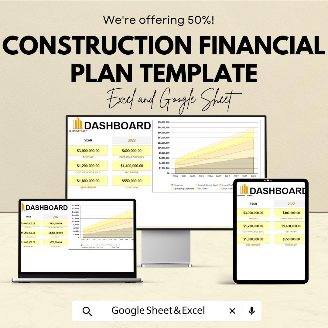 Construction Financial Plan Template | Dashboard Budget Forecast | Excel and Google Sheets | Construction Revenue Expense Cash Flow Planner