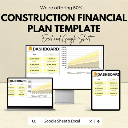 Construction Financial Plan Template | Dashboard Budget Forecast | Excel and Google Sheets | Construction Revenue Expense Cash Flow Planner
