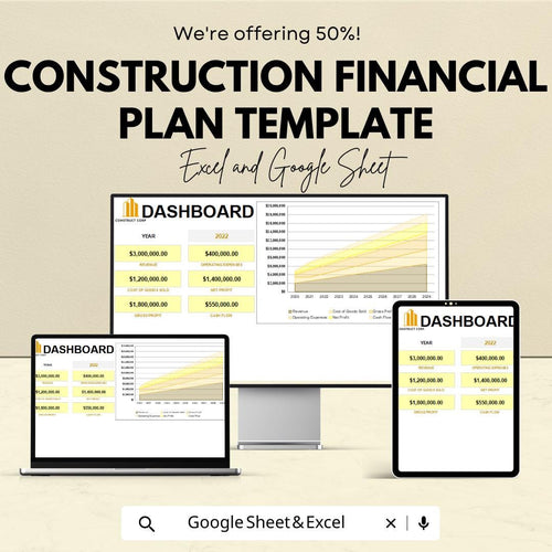 Construction Financial Plan Template | Dashboard Budget Forecast | Excel and Google Sheets | Construction Revenue Expense Cash Flow Planner