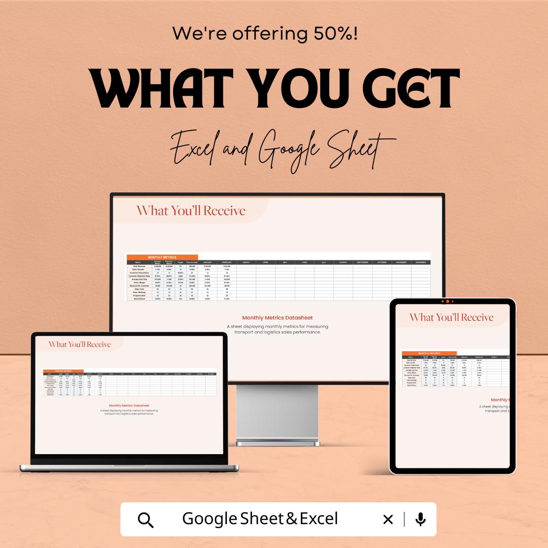 Transport and Logistics Sales Metrics Scorecard | Excel & Google Sheet | KPI Dashboard | Performance Tracking Template