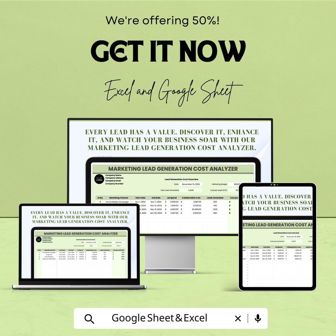 Marketing Lead Generation Cost Analyzer Template | Lead Cost Calculator | Lead Gen Budget Tracker | Marketing Cost Tracking Template