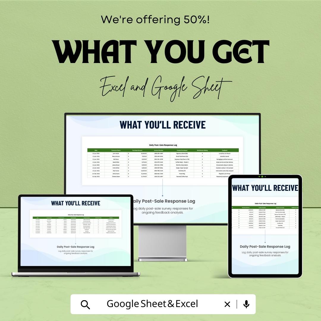 Post-Sale Survey Response Tracker Template | Customer Feedback Log | Survey Analytics Spreadsheet | Feedback Management Tool