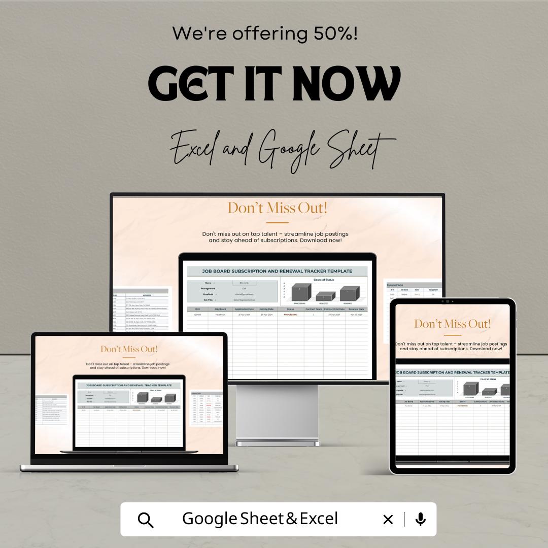 Job Board Subscription and Renewal Tracker HR Template | Excel & Google Sheets | Recruitment Management Spreadsheet