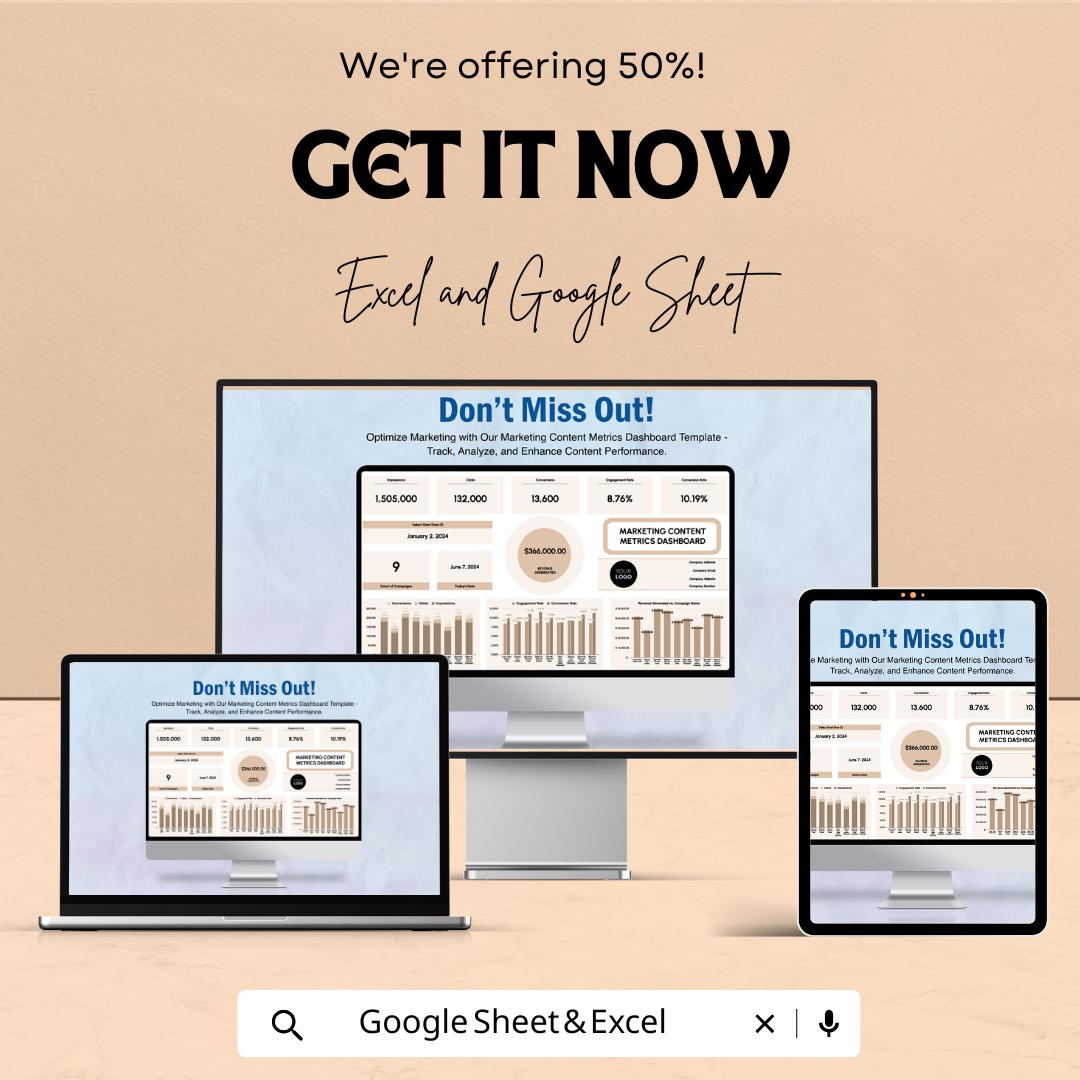 Marketing Content Metrics Dashboard Sheet | Track Marketing Performance & ROI | Real-Time Data Analysis and Customizable Charts |