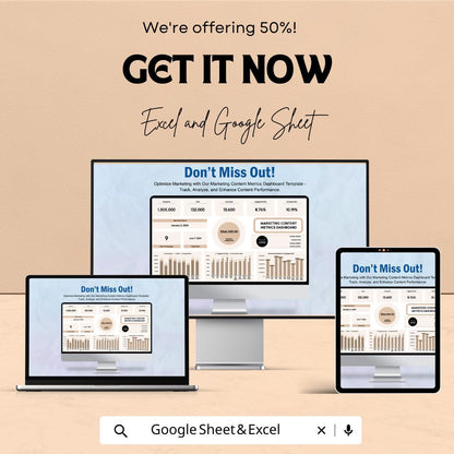 Marketing Content Metrics Dashboard Sheet | Track Marketing Performance & ROI | Real-Time Data Analysis and Customizable Charts |