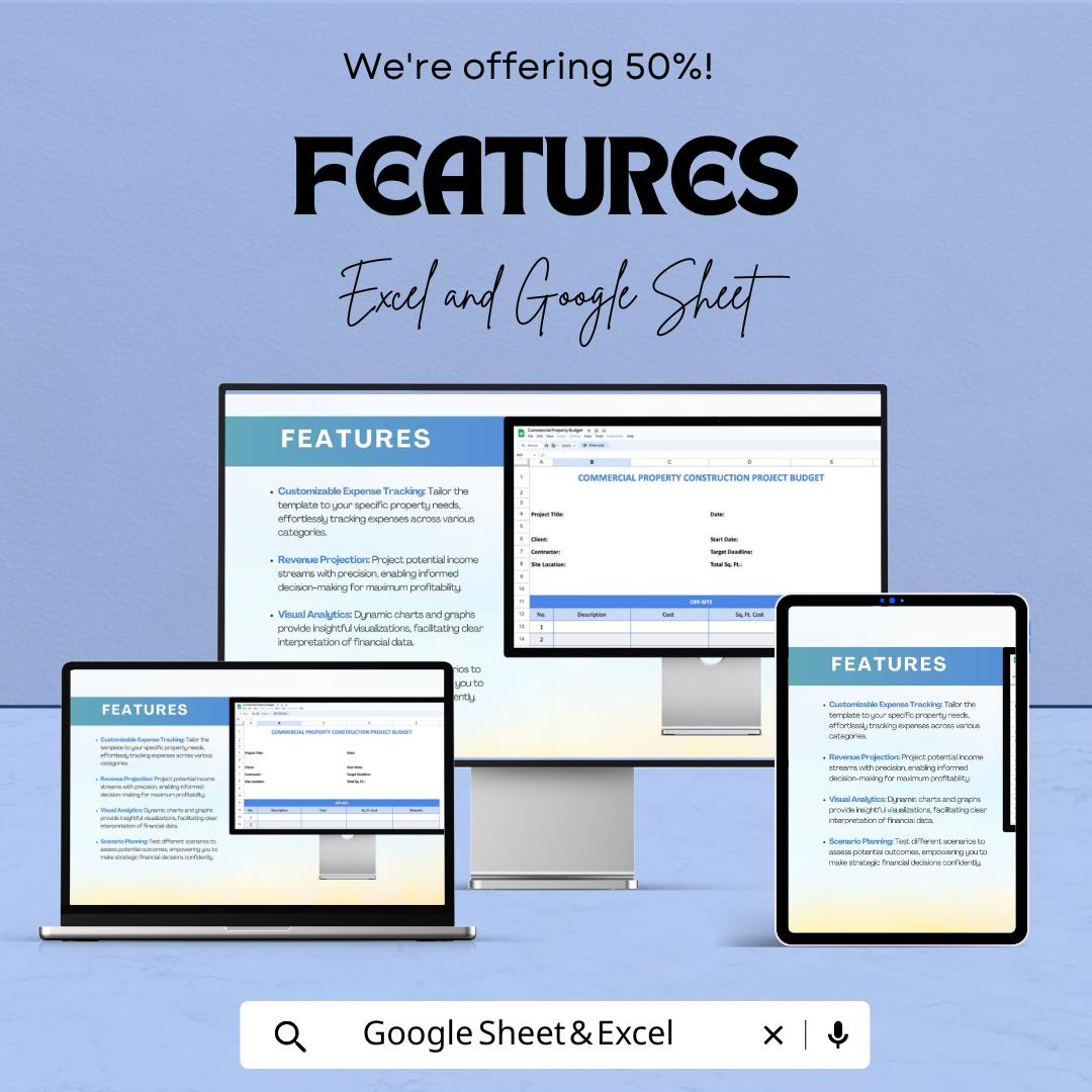 Commercial Property Budget Sheet - Excel & Google Sheet Template | Construction Project Budget Planner | 50% Off | Property Management Tool
