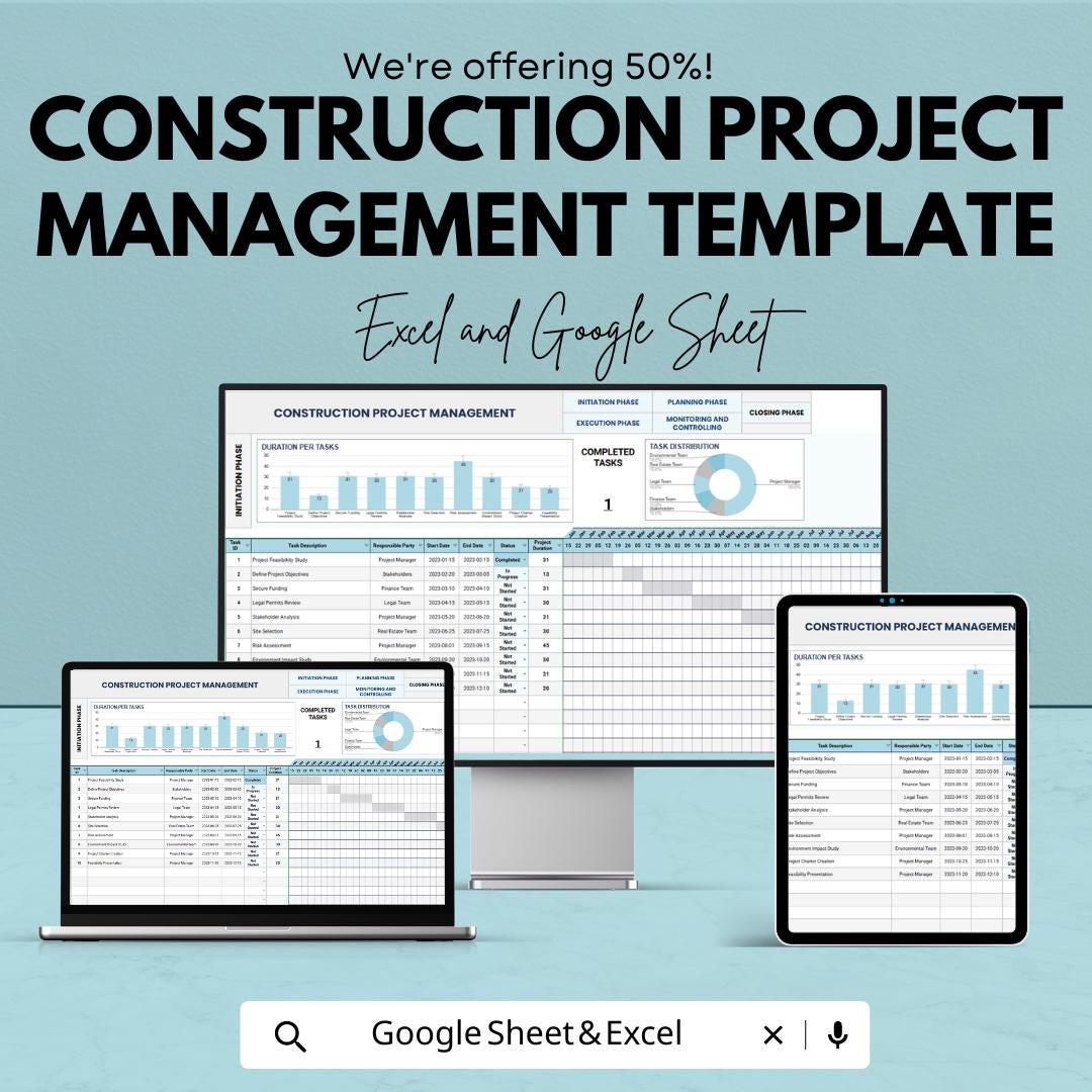 Construction Project Management Template | Project Planner Spreadsheet | Gantt Chart Tracker | Excel & Google Sheets