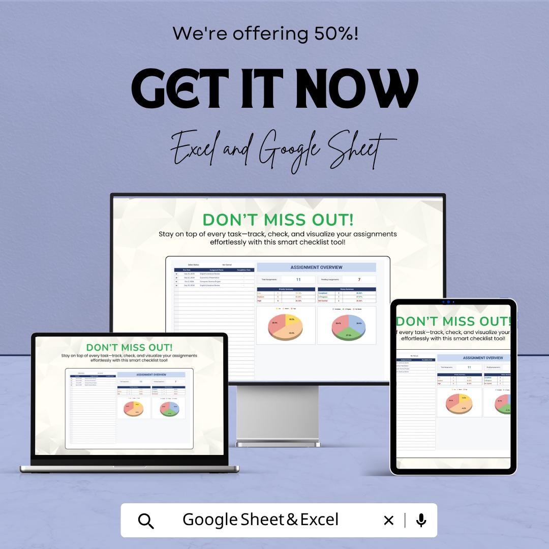 Assignment Checklist Template | Student Assignment Tracker | Homework Planner Spreadsheet | Excel & Google Sheets Checklist |