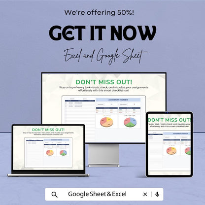 Assignment Checklist Template | Student Assignment Tracker | Homework Planner Spreadsheet | Excel & Google Sheets Checklist |