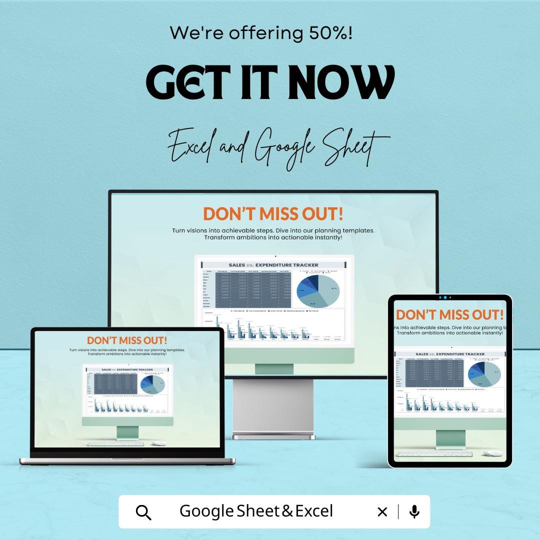 Sales vs Expenditure Tracker Template | Excel and Google Sheets | Business Budget Tracker | Income and Expense Dashboard |