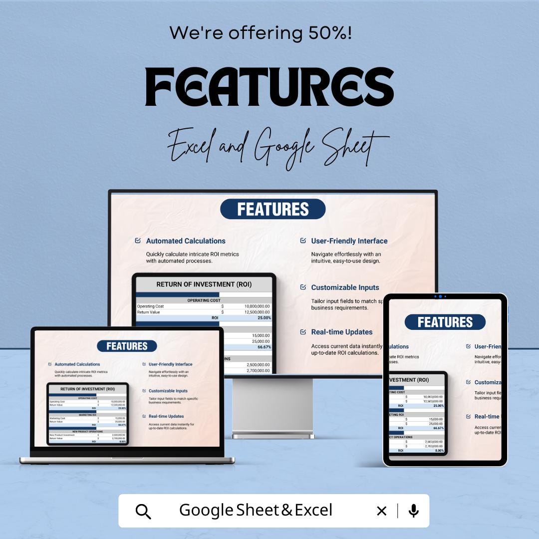 ROI Calculator for Product Lifecycle Management | Excel and Google Sheets Template | Cash Flow, Investment & Marketing ROI | 50% OFF