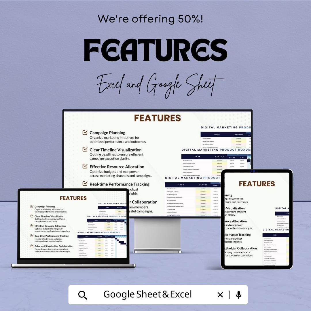 Digital Marketing Product Roadmap Template | Marketing Project Planner Spreadsheet |  Marketing Roadmap | Campaign Timeline Tracker