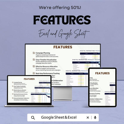 Digital Marketing Product Roadmap Template | Marketing Project Planner Spreadsheet |  Marketing Roadmap | Campaign Timeline Tracker