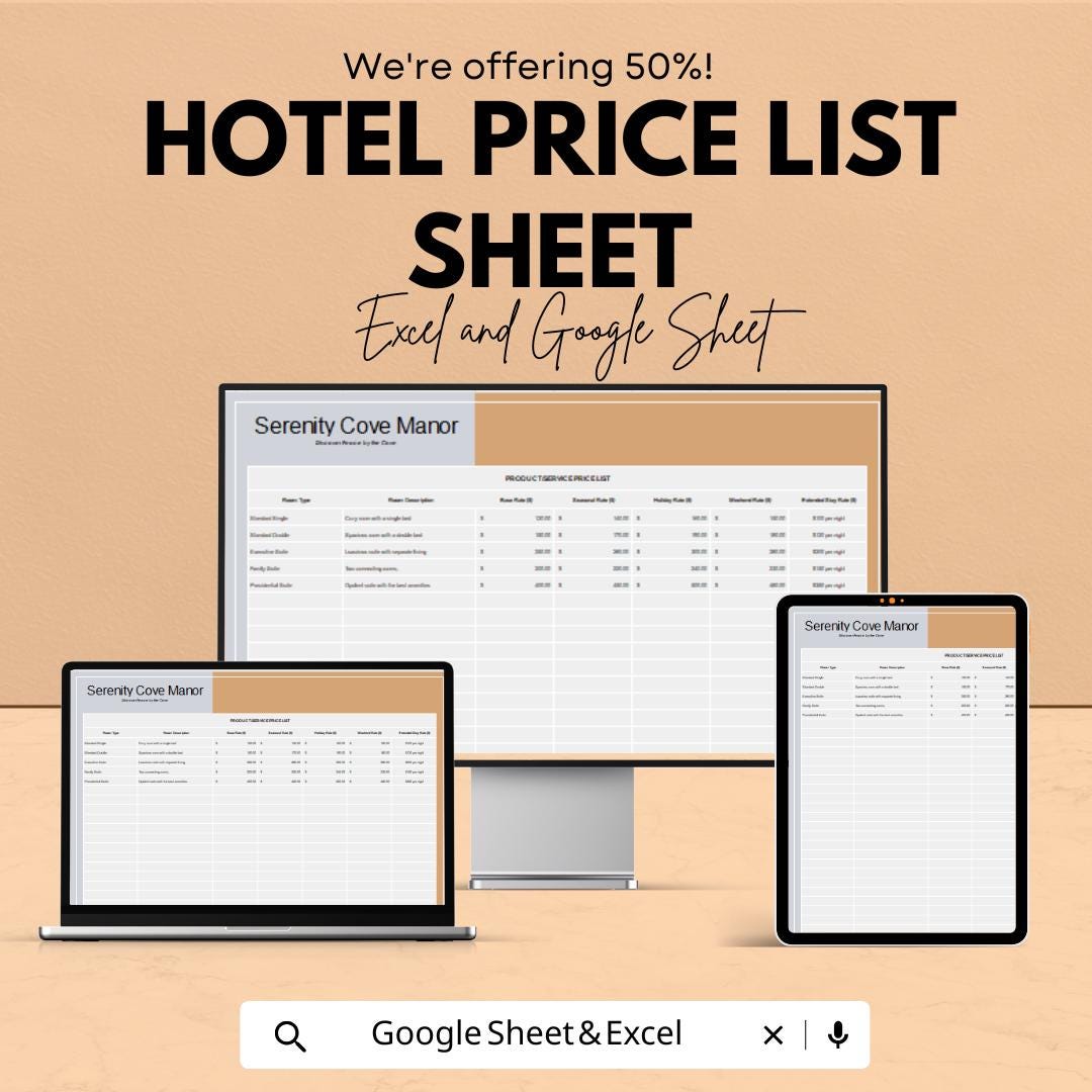 Hotel Price List Sheet | Excel and Google Sheets Template | Room Rate & Service Pricing Management Tool