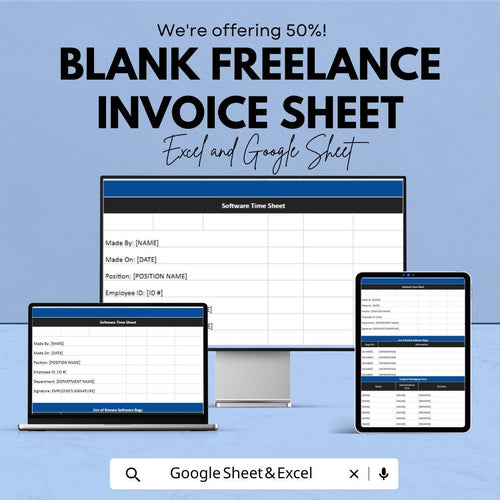 Blank Software Time Sheet – Excel & Google Sheets, 50% OFF – Track Employee Hours, Project Time, Freelance Timesheet, Editable Payroll