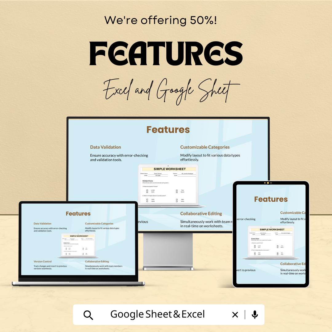 Simple Editable Worksheet Template | Google Sheets & Excel | Classroom Quiz Form | Homeschool Assignment | Digital Download
