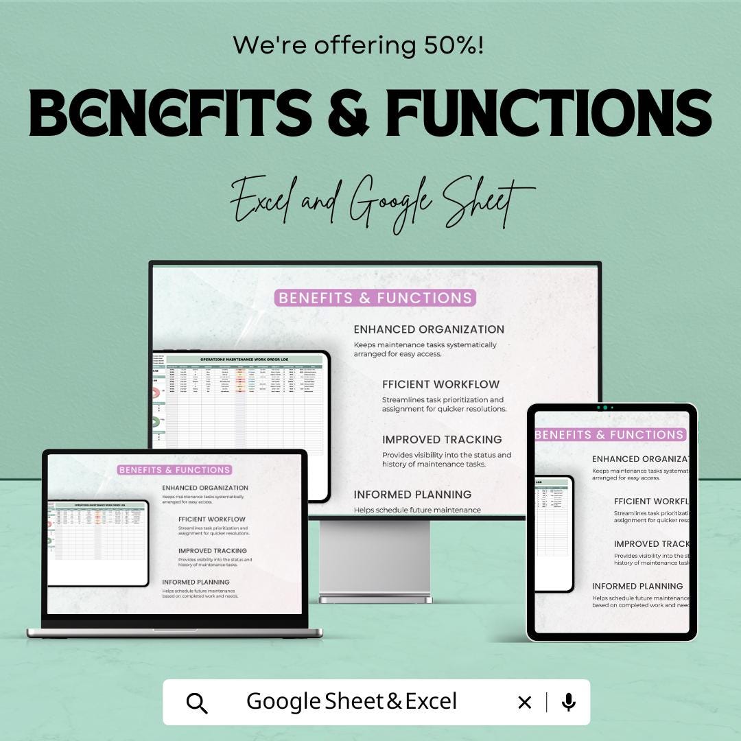 Maintenance Work Order Log | Excel & Google Sheets | Operations Tracker | Task Completion Sheet | Work Order Dashboard Template