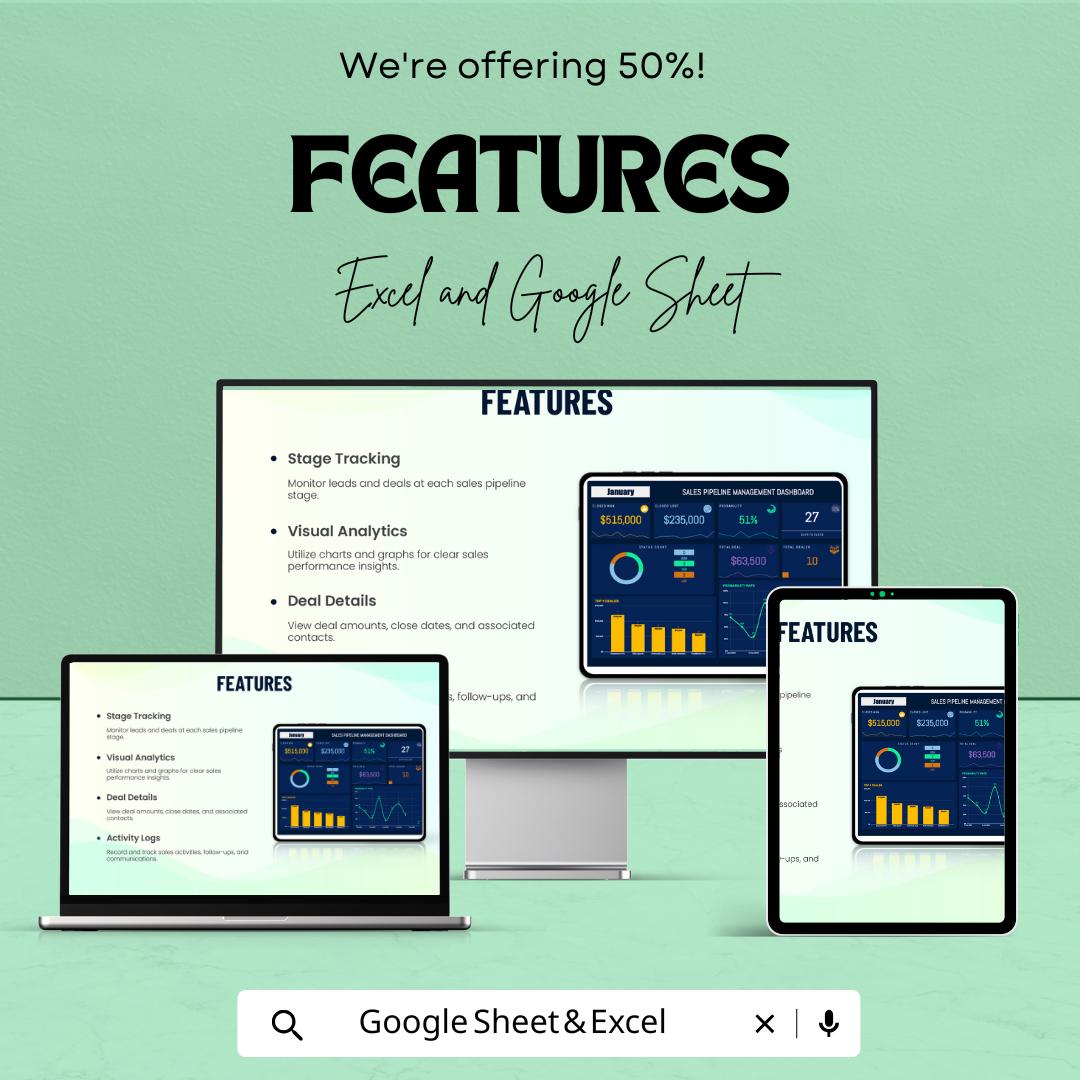 Sales Pipeline Management Dashboard Template | Excel and Google Sheets | Sales Tracking, Forecasting, & Data Visualization