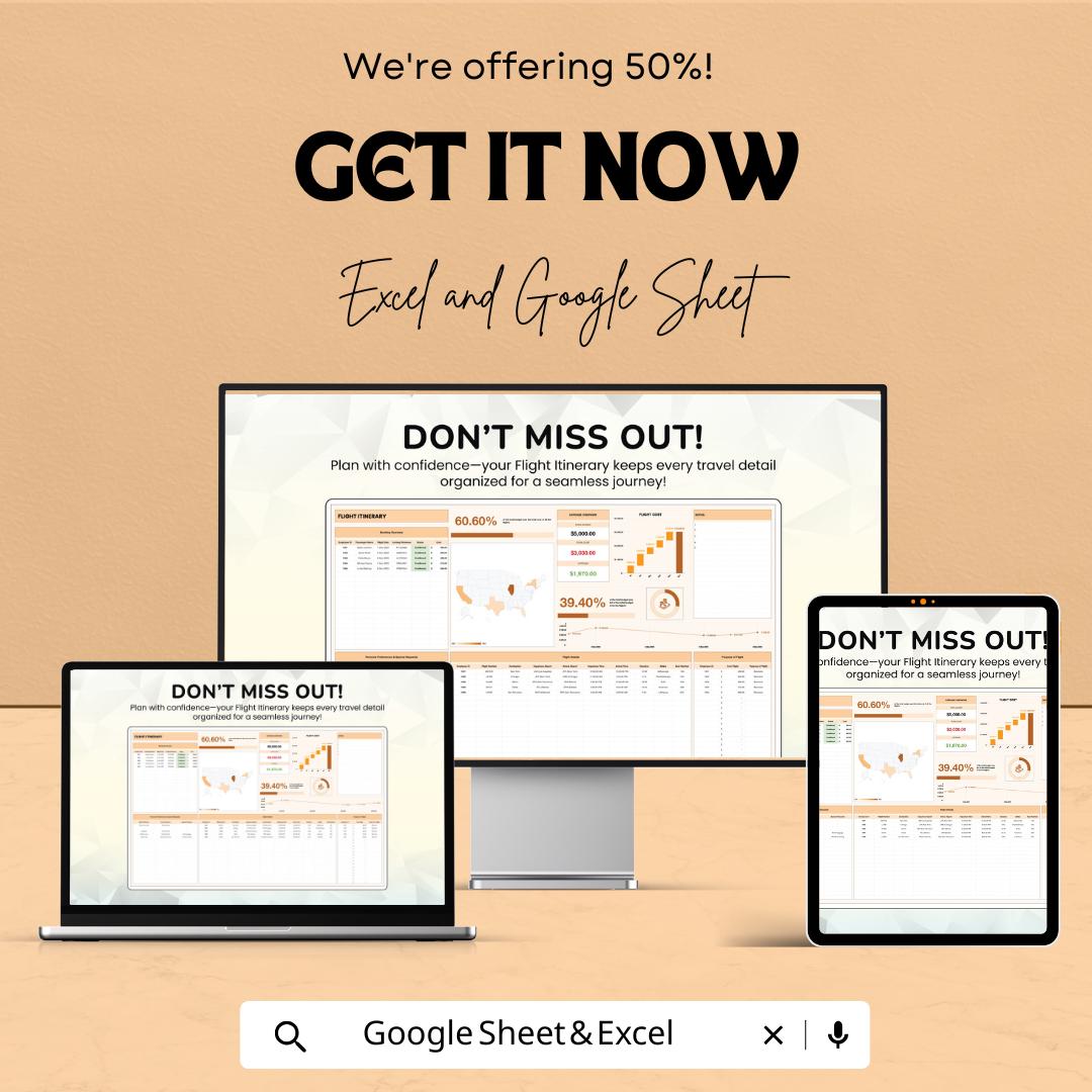Flight Itinerary Sheet for Travel Planning - Google Sheet Template - Personalized and Easy to Use - Flight Schedule & Travel Details Tracker
