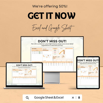 Flight Itinerary Sheet for Travel Planning - Google Sheet Template - Personalized and Easy to Use - Flight Schedule & Travel Details Tracker