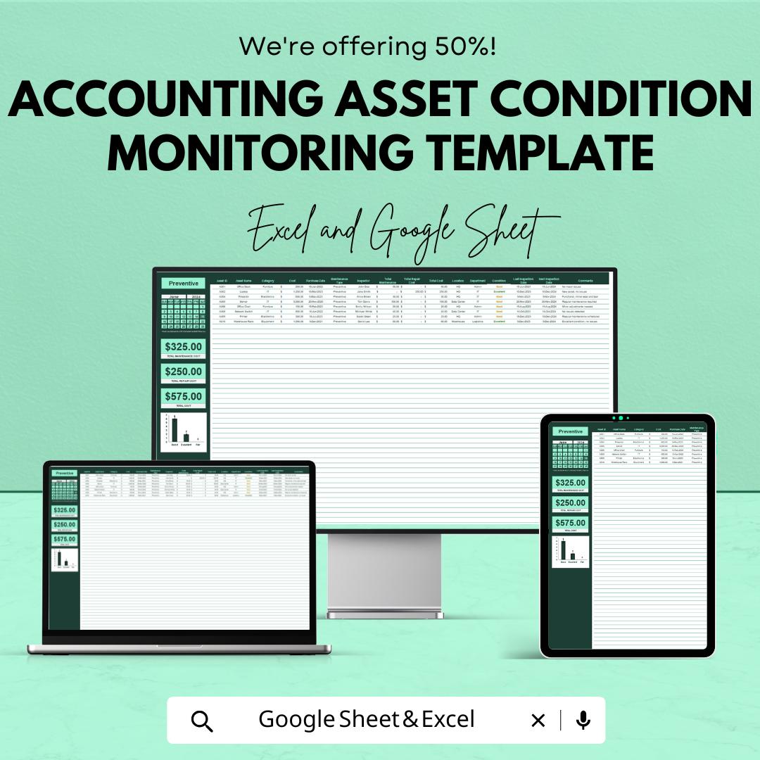 Accounting Asset Condition Monitoring Template | Asset Maintenance Tracker | Preventive Maintenance Spreadsheet | Condition Monitoring Log