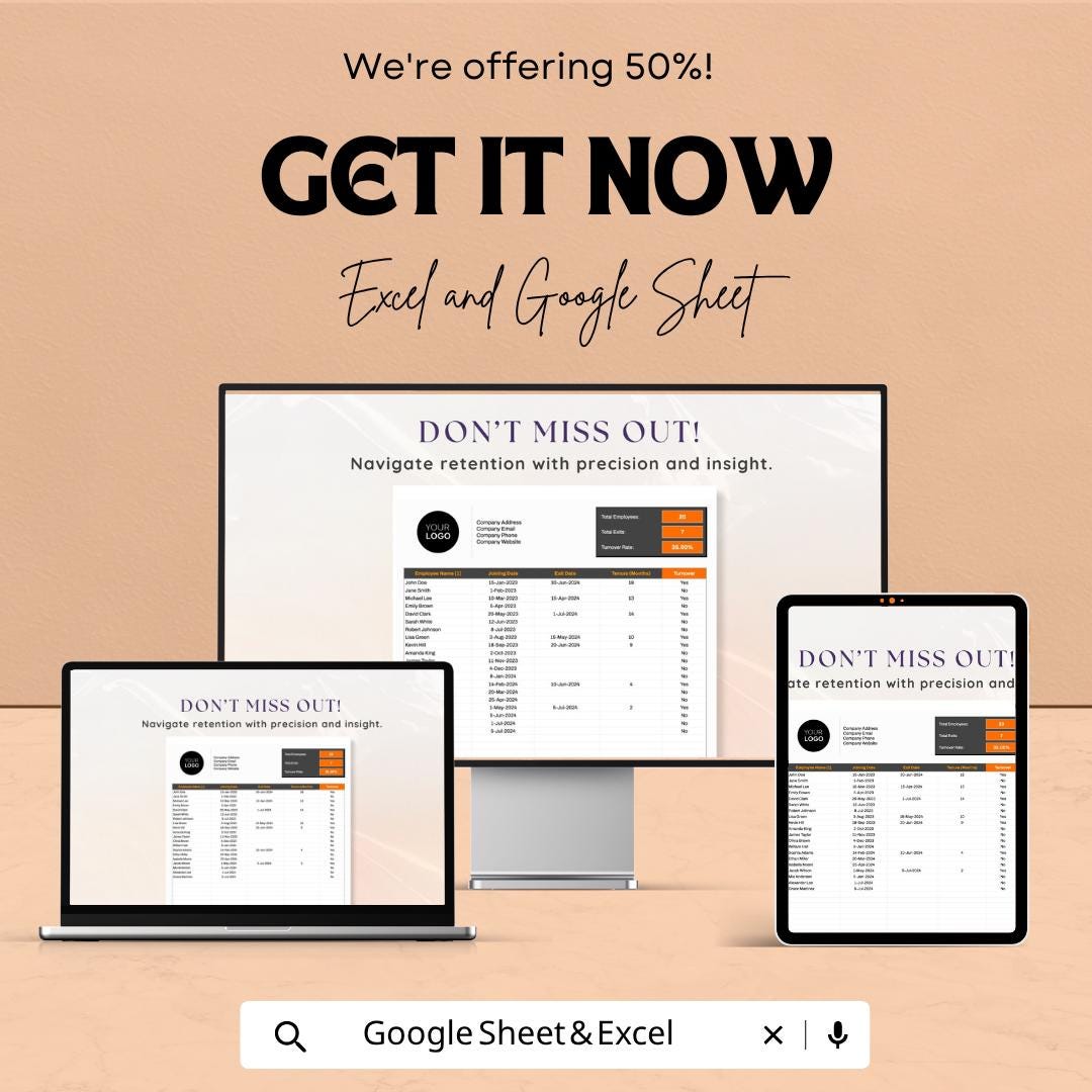 Employee Turnover Rate Calculator Template | HR Analytics Spreadsheet | Staff Turnover Tracker | Excel & Google Sheets | Workforce Metrics