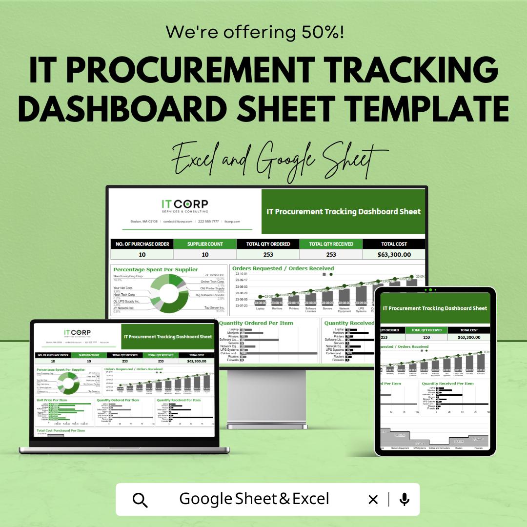 IT Procurement Tracking Dashboard Sheet Template | Excel and Google Sheets | Purchase Order & Supplier Management Tool