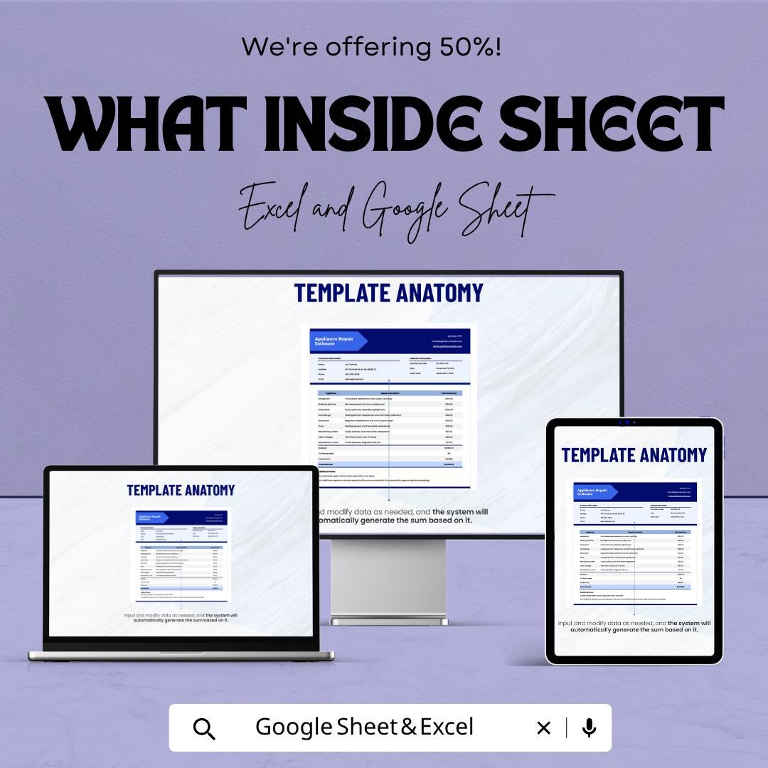 Appliance Repair Estimate Template | Repair Estimate Spreadsheet | Service Invoice Template | Repair Cost Estimate Sheet