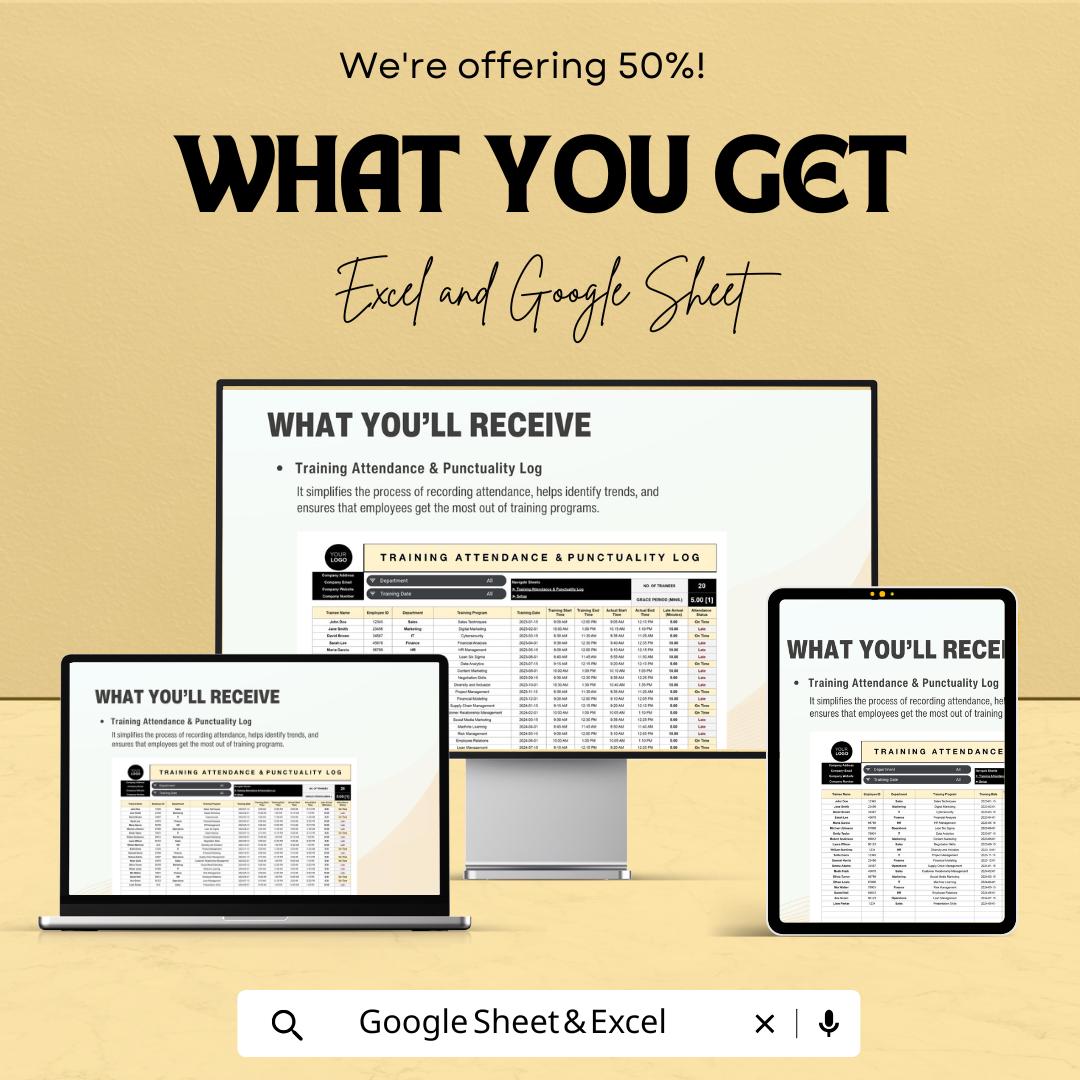 Training Attendance & Punctuality Log HR Sheet | Excel and Google Sheets | Staff Tracker | Employee Record | Attendance Form Template
