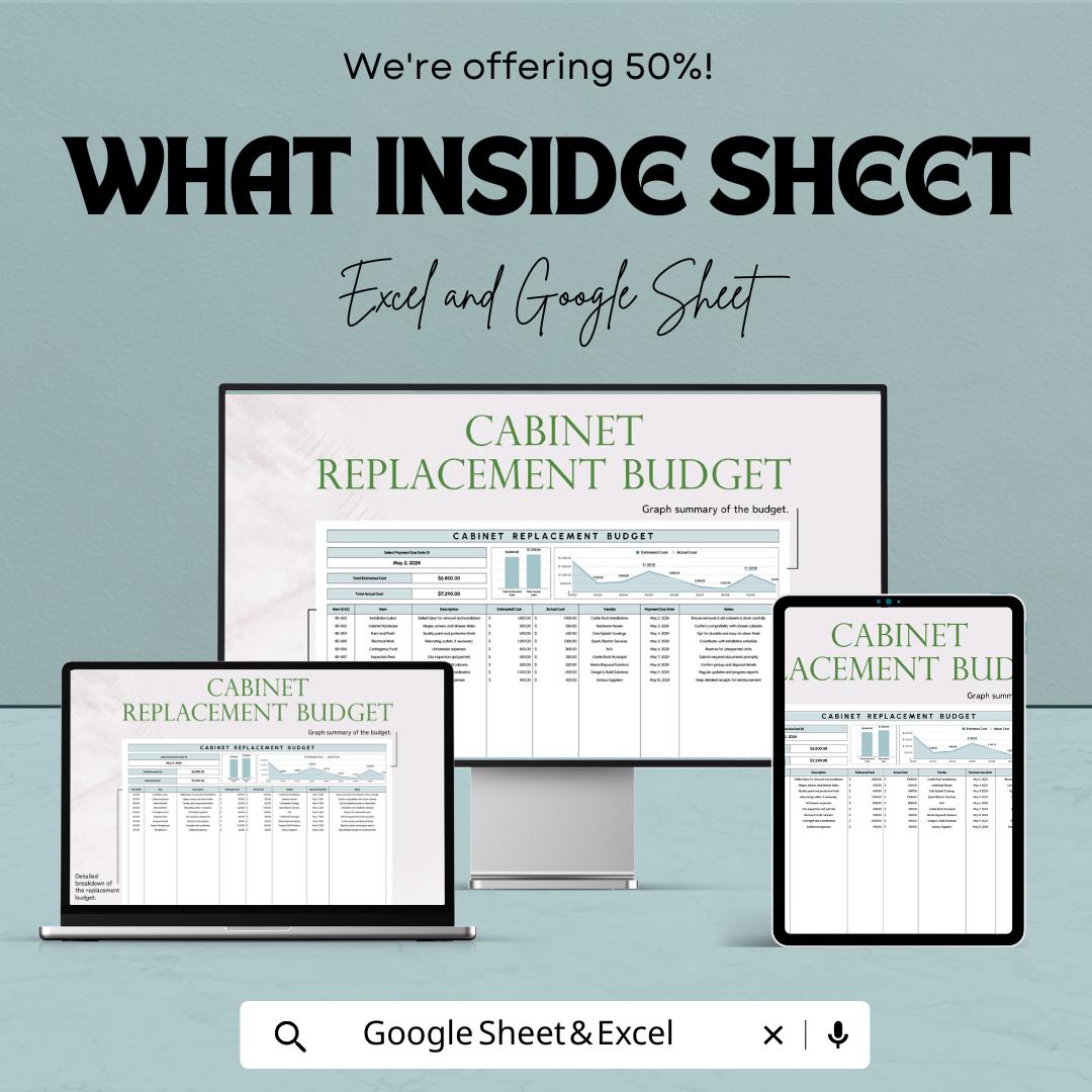 Cabinet Replacement Budget Sheet | Excel & Google Sheet Template | Kitchen Remodel Budget Tracker | Home Improvement Project Tool