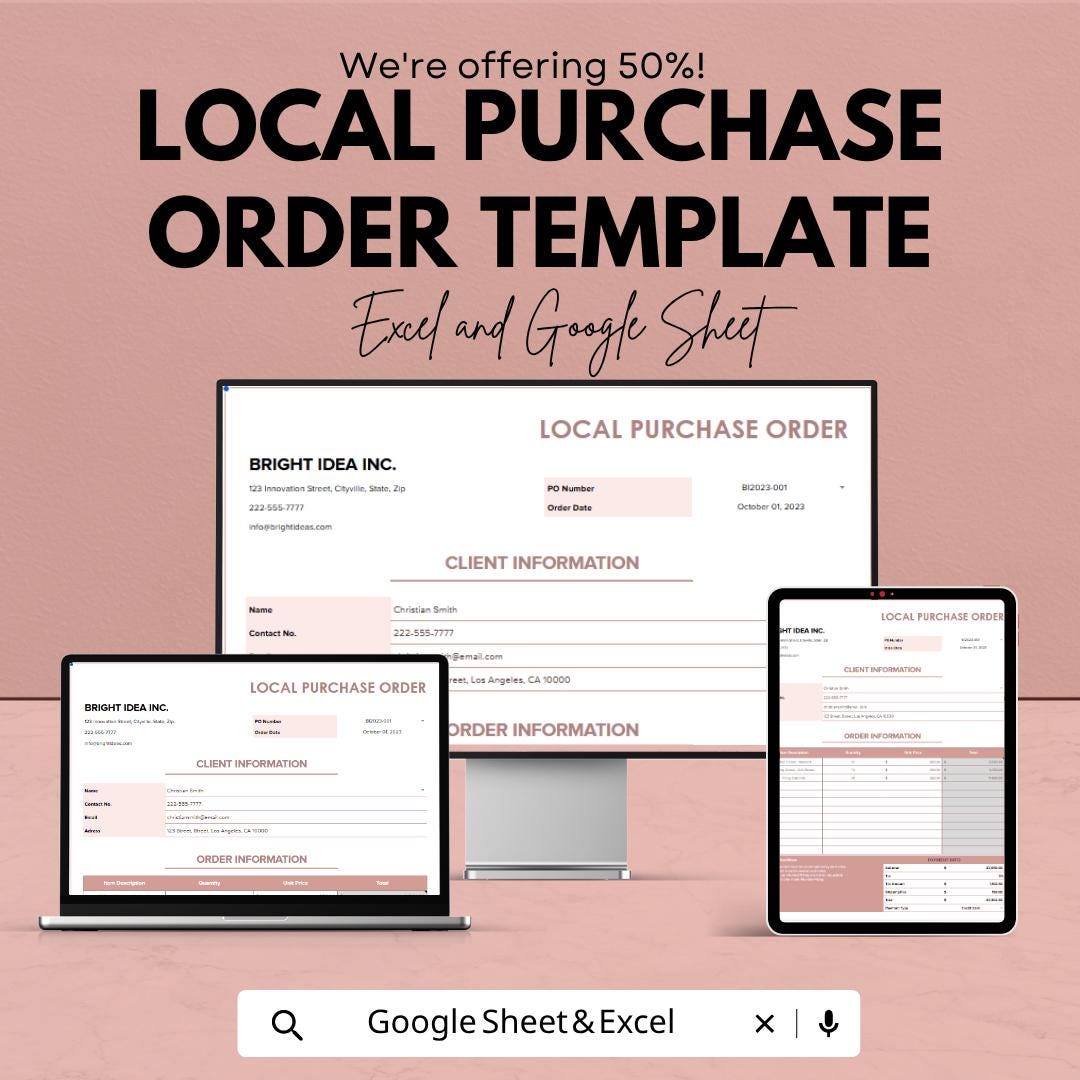 Local Purchase Order Template Excel Google Sheets | Procurement Tracker Spreadsheet | Vendor Order Form | Small Business Purchase Sheet |