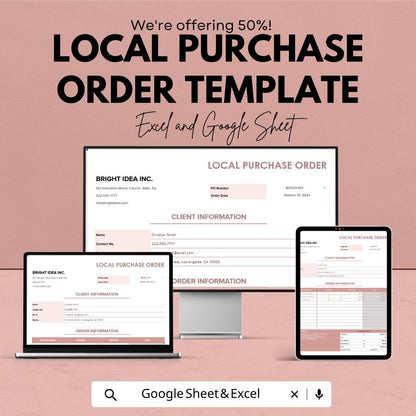 Local Purchase Order Template Excel Google Sheets | Procurement Tracker Spreadsheet | Vendor Order Form | Small Business Purchase Sheet |