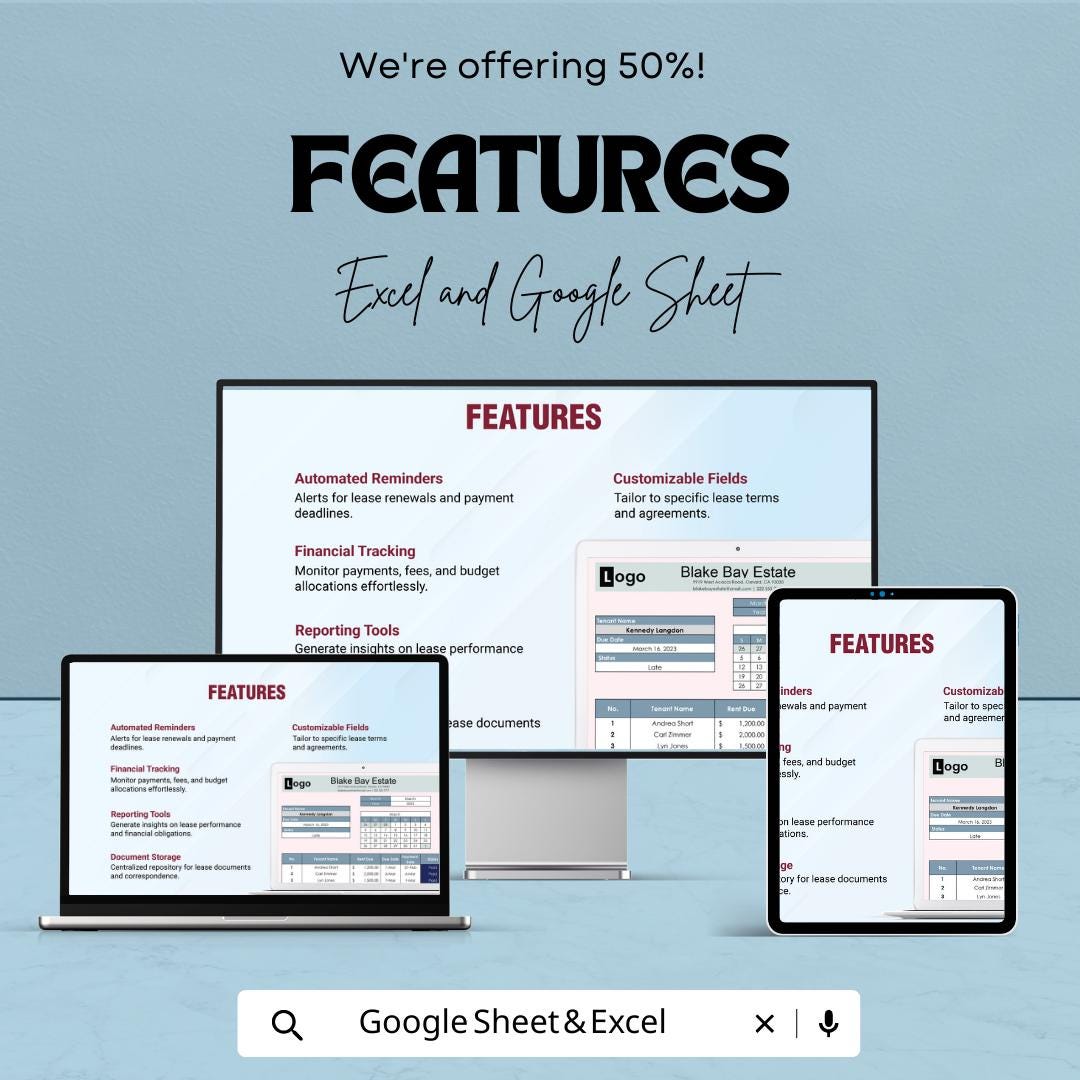 Lease Tracker Template Excel Google Sheets, Rental Payment Tracker Spreadsheet, Tenant Rent Tracker, Property Management Lease Log
