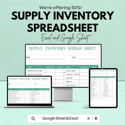 Supply Inventory Spreadsheet for Excel & Google Sheets - Track Supplies, Stock, and Usage, Simple Inventory Management, Printable Inventory