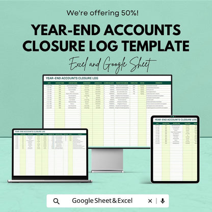 Year-End Accounts Closure Template Excel | Financial Closing Checklist Spreadsheet | Accounting Task Tracker | Google Sheets Finance Log