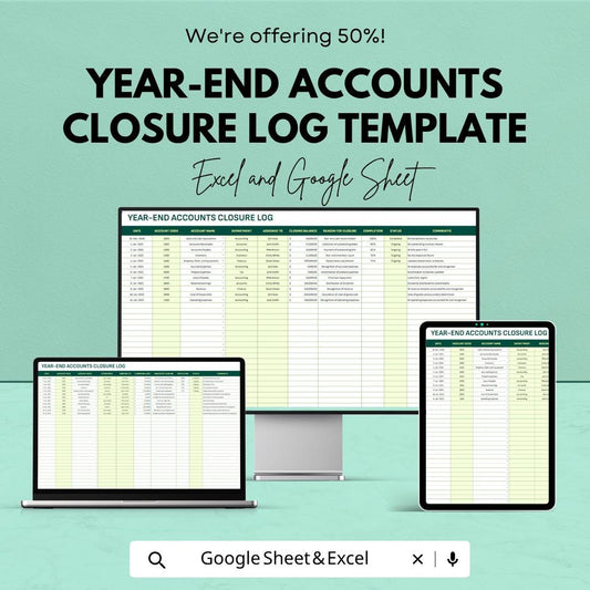 Year-End Accounts Closure Template Excel | Financial Closing Checklist Spreadsheet | Accounting Task Tracker | Google Sheets Finance Log