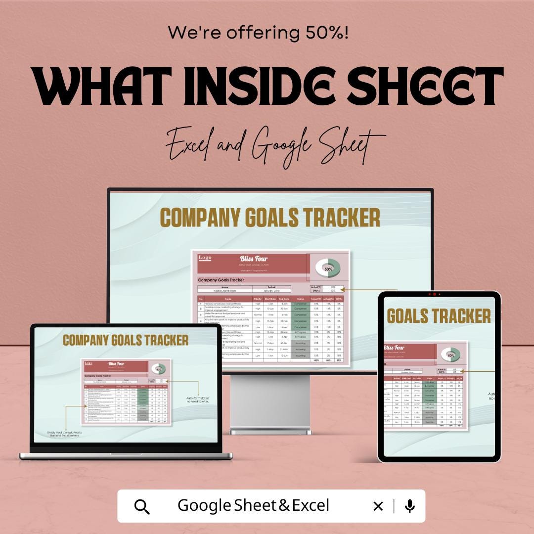 Company Goals Tracker Template | Business Goal Planner | Excel & Google Sheets Tracker | KPI Tracker | Project Management Spreadsheet |